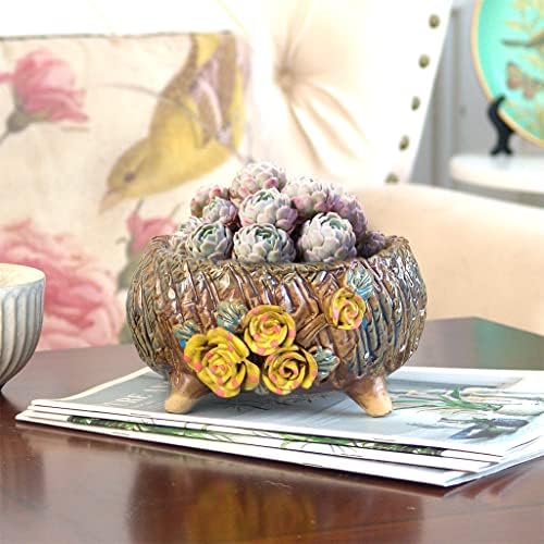 6.3 Inch Succulent Pot Handmade Flower Design Round Ceramic Antique Plant Pot Cactus Pot Planter with Drainge and Mesh Pad (Yellow) - Image 5