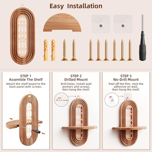 Boho Decorative Wooden Floating Wall Shelves Vintage Shelf with Oval Lattice Backplate Mid Century Modern Wall Mounted Shelves for Home Bathroom Bedroom Living Room Office Storage and Display（2-pack） - Image 6