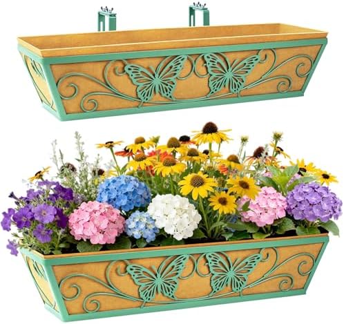 2 Pack 24 Inch Window Boxes Planter for Outdoor Plants Deck Railing Planters Box with Adjustable Brackets for Porch Fence Balcony Hanging Flower Baskets with Liner for Garden Décor - Green by KarlliuHOMEGARDEN
