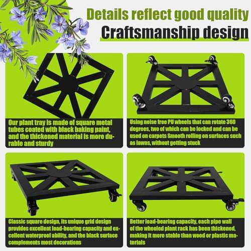 16'' Heavy Duty Plant Caddy with Wheels Square Plant Dolly with Lockable Casters Pot Mover Rollers 440 Lbs Metal Rolling Plants Stand Suitable for Indoor Outdoor Pots Black - Image 3