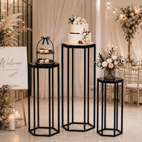 Urban Deco Set of 3 Black Hexagon Metal Cylinder Stands for Party - Image 2