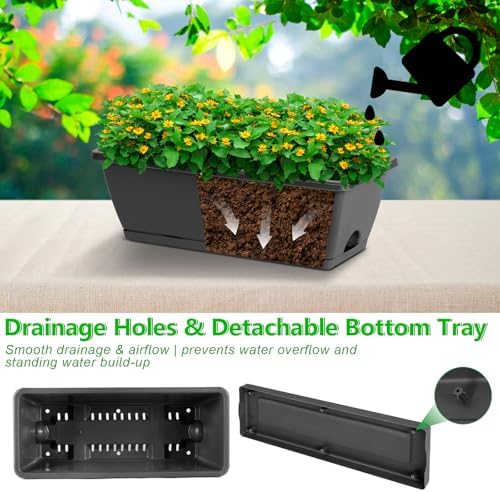 OYEAL Deck Railing Planter Boxes Set of 2 Over The Fence Planters Rail Hanging Planter Boxes with Adjustable Brackets, 6 Plastic Flower Boxes, Grey - Image 5