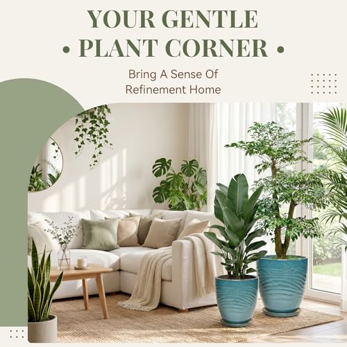 11.8 Inch Modern Ceramic Plant Pot with Saucer, Flower Pot with Drainage Hole Mesh Net,Indoor Outdoor Planter (Crackle-Blue) - Image 2