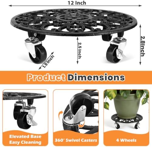 2 Pack Cast Iron Plant Caddy with Wheels Heavy Duty 12 Inch Plant Rollers - Image 5