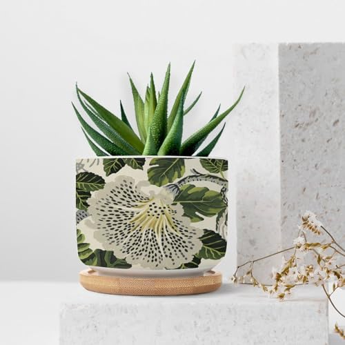 Green and White Floral Planter Ceramic Chinoiserie Flower Round Flower Pots with Drainage Holes and Bamboo Tray Pot for Outdoor Garden Home Plant - Image 7