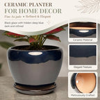 9.5 Inch Ceramic Plant Pot with Drainage Hole Mesh Net,Modern Gardening Pots for Indoor Plants with Saucer, Black - Image 3