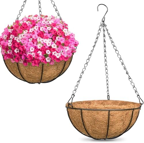 ZeeDix 2 Pack 16 Inch Large Hanging Baskets for Plants Outdoor with Coconut Liners Replacement, Hanging planters Baskets with Natural Coco Liner for Outdoor Indoor Planters Flowers Vegetables by ZeeDix