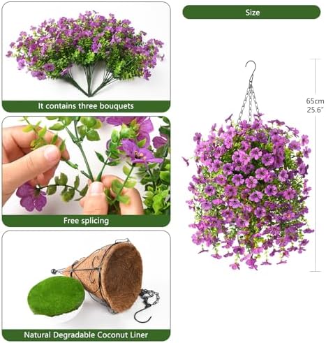 Homsunny Artificial Fake Hanging Plants Flowers Baskets for Outdoor Outside Spring Decor,Faux Silk Daisy UV Resistant Look Real Summer Decorations for Home Porch Patio Yard Garden(Purple - Image 4