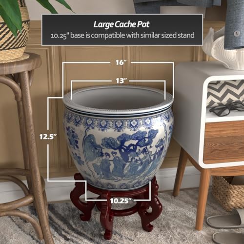Red Lantern Oriental Furniture 16" Ladies Blue & White Porcelain Fishbowl, Large - Image 4