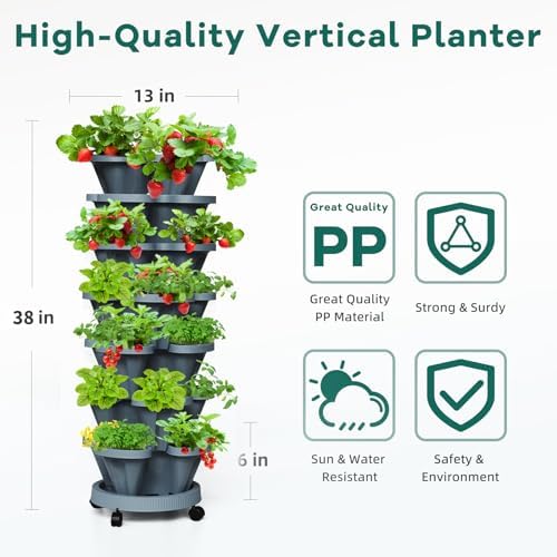 Strawberry Vertical Planters Tower Garden 3 Pack, 7 Tiered Stacking Herb Vegetable Planter with Support Pole Indoor and Outdoor - Dark Grey - Image 2