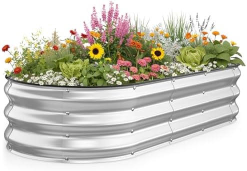 Kesfitt Raised Garden Bed, 5x2x1 FT Galvanized Steel Metal Raised Garden Bed, Oval Open-Bottom Design, 12-Inch Deep for Outdoor Vegetable & Herb Gardening, Silver by Kesfitt