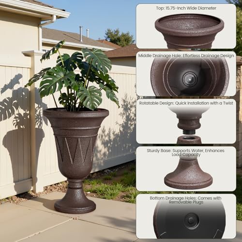 Tall Plastic Urn Planters for Outdoor Plants Set of 2-23.6" H Classic Trophy Design Indoor Large Flower Pots with Drainage Holes, Outdoor Planters for Porch Decor/Garden Vase, Brown - Image 3
