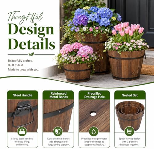 3 Pcs Wooden Planter Barrel Set, Outdoor Flower Pots with Handle & Drainage Holes, Rustic Whiskey Barrel Planter for Plants, Herbs, Veggies, Indoor Outdoor Use - Image 4