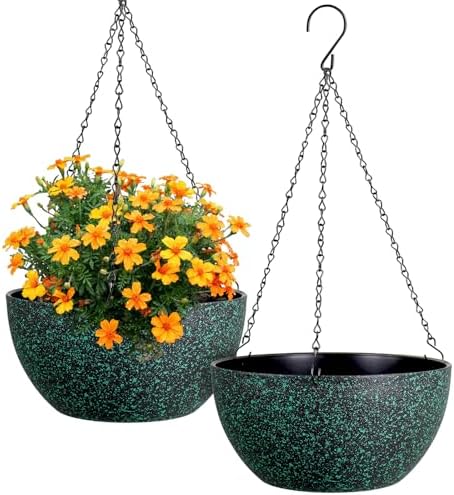 Meowell 12 inch Large Hanging Planters for Indoor Outdoor Plants, 2 Pack Hanging Flower Pots with Drainage Holes and Chain, Plastic Hanging Baskets for House Plants, Black with Green Speckles by Meowell