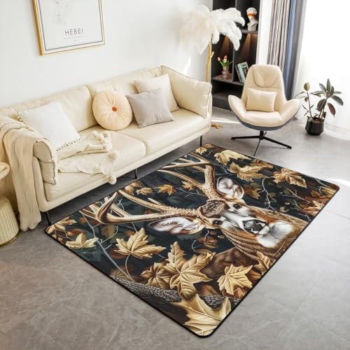 Erosebridal Deer Antler Hunting Area Rug 4'11" x 3'3" Autumn Maple Leaves Living Room Rugs Wild Animal Deerskin Farmhouse Decorative Carpet Yellow White Elk Indoor Floor Mat by Erosebridal