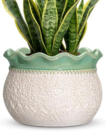 10 Inch Planter, Ceramic Indoor Plant Pots, White-Green by Fivepot