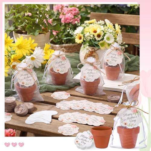 30 Sets Happy Mother's Day Appreciation Gifts Party Favors Mini Terracotta Flowerpot Planting Kit with Seedling Soil Blocks, Labels, Mother's Day Cards & Organza Bags for Mom Gardening Gift - Image 5