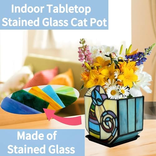 Stained Glass Cat Unique Plant Pot, Indoor Planter with Drainage and Tray,Succulent Plants Flower Pot,Cat Lover Gifts,4.6x3x5.15 in - Image 4