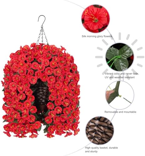 Artificial Fall Fake Red Hanging Flowers Plants Baskets for Outdoor Decoration, 4PCS Faux Silk UV Resistant Look Real Morning Glory Vines for Outside Porch Patio Balcony Garden Yard Home Decor - Image 3
