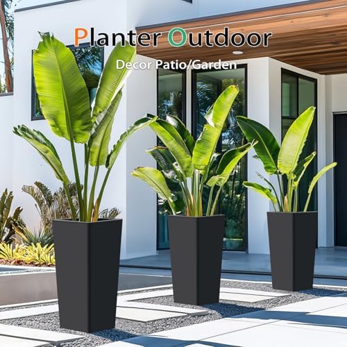 Heyzier Tall Planters for Outdoor Plants, Large Resin Flower Pots for Garden, Front Porch, Patio, Indoor - Set of 2 (Black, 28 inch - 2 Pack) - Image 4