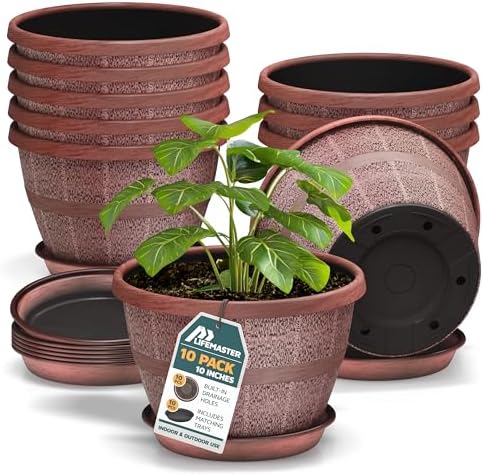 10-Inch Whiskey Barrel Planters Outdoor Pack of 10 - Durable Plastic Plant Pots for Indoor & Outdoor Use with Drainage & Saucer, Lightweight Rustic Barrel Planters for Flowers, Herbs & Small Plants by LIFEMASTER