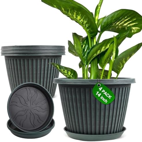 Large-Planter-Indoor-Outdoor Plant Pots, 14 inch 4 Pack Plastic Flower Pots with Saucer And Drainage Holes, Modern Garden Planters For Planting Medium Large Plants, Decorative Resin Garden Pots by Myfeegoin
