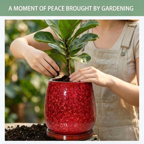 10.3 Inch Ceramic Glaze Plant Pot with Saucer, Flower Pots with Drainage Hole Mesh Net (Spot Red) - Image 4