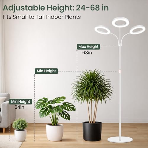 LBW 3-Head Grow Light with Stand for Indoor Plants, Full Spectrum Grow Light for Tall Large Plants, Adjustable Height up to 68", Auto Cycle Timer 6/8/12/16H, 5-Level Dimming, 3 Lighting Modes,White - Image 5