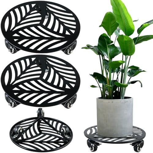 2 Packs 12" Large Metal Plant Caddy with 3 PU Metal Wheels Heavy-duty Wheeled Rolling Plant Stands with Casters Indoor Outdoor Flower Pot Roller Base Planter Dolly Coaster Movers Black, Strong Load Capacity by Planterhoma