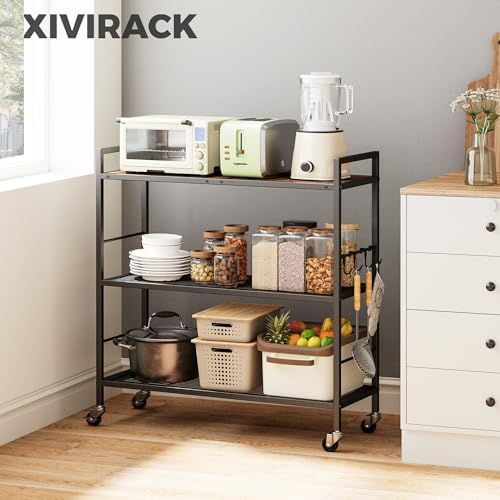3-Tier Metal Storage Rack with Industrial Wheels,Mesh Shelving Unit with Wooden Table top,Adjustable Shelf,31.5-Inch Width, for Kitchen, Laundry,Pantry,Plant,Black - Image 2