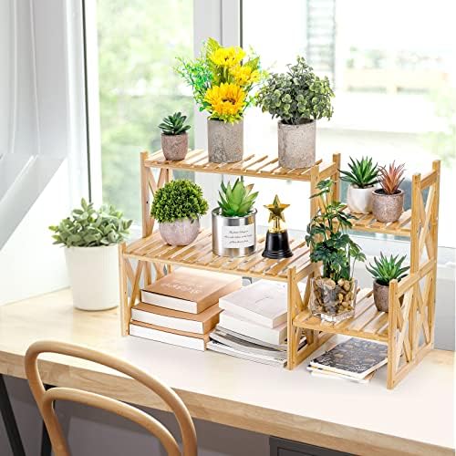 Lawei 2 Tier Bamboo Tabletop Plant Stand, Adjustable Flower Pot Holder Shelf Planter Display Stand, Small Desktop Ladder Plant Rack for Indoor Outdoor Home Patio Lawn Garden Balcony Organizer - Image 5