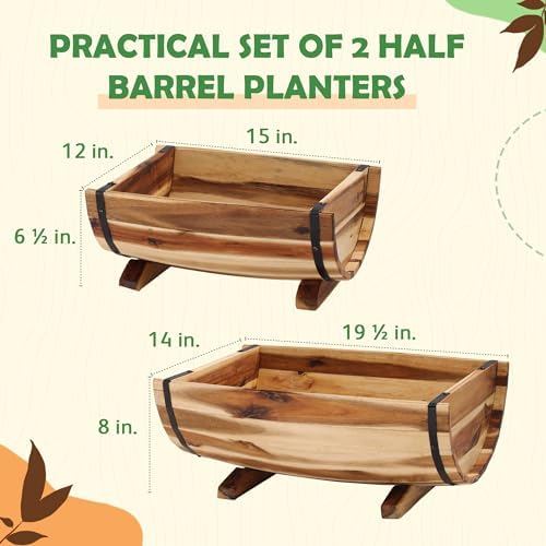 Solid Acacia Wood Half Barrel Planters Outdoor Set of 2 Different Sizes, Wooden Planters for Outdoor Plants with Metal Bands & Drainage Holes, Legs Included, Natural - Image 2