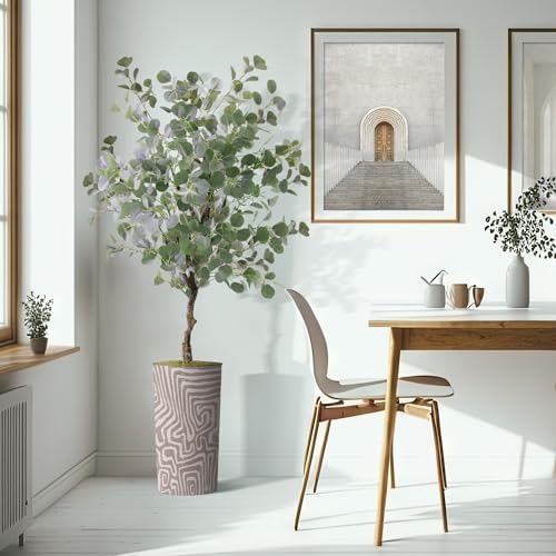 Artificial Tree in Geometric Pattern Planter, Fake Eucalyptus Silk Tree for Indoor and Outdoor Home Decoration - 66" Overall Tall (Plant Pot Plus Tree) - Image 6