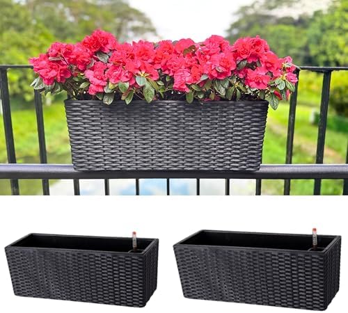 LaLaGreen Outdoor Rail Planter for Balcony (20 Inch, 2 Pack) Large Black Self Watering Deck Railings Planters with Brackets, Rectangular Plastic Fence Flower Box Designer Choice with Rattan Pattern by L%C3%A1L%C3%A1Green