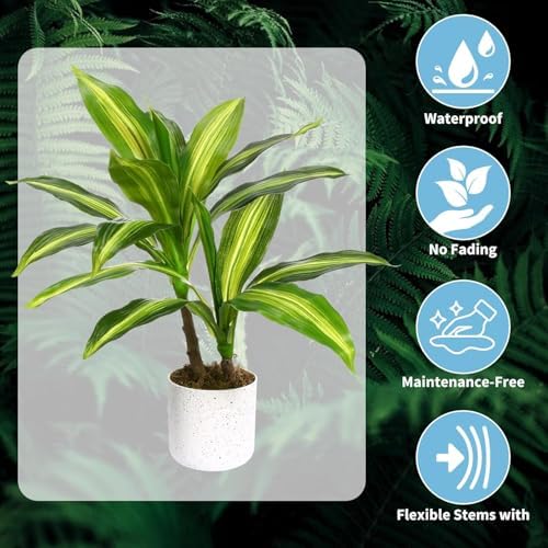 Dracaena & Fiddle Leaf Fig Artificial Plant Set – Realistic Faux Greenery in White Pot, Decorative Fake Potted Plants for Modern Home & Office, 40cm, Set of 2 – Specs: Two-pronged Yellow - Image 2
