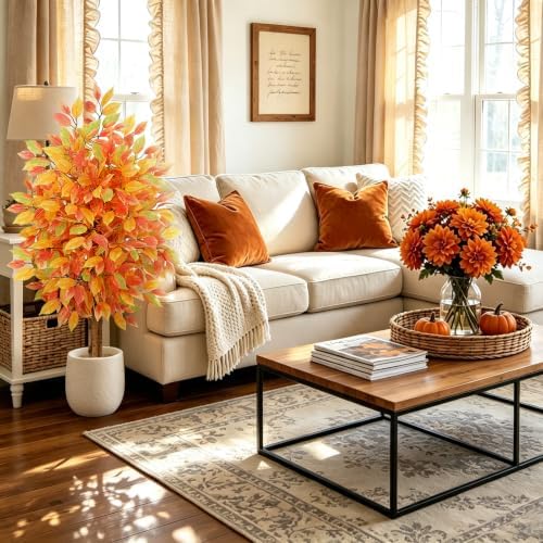 GTIDEA 2 Pcs 4 ft Artificial Autumn Ficus Tree with Pot Fall Tree for Porch - Image 6