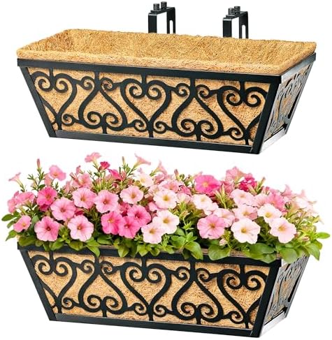 2 Pack 16 Inch Deck Railing Planter Box - Window Boxes Planters with Adjustable Brackets Coco Liners Balcony Planters Railing Hanging for Wind by EINYEXW
