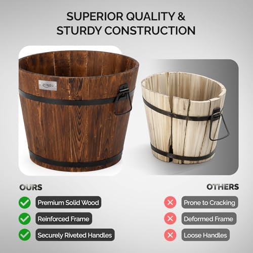 VINGLI 3 PCS Large Wooden Planter Barrel Set, 11.5"(Dia)- 18"(Dia) Real Wood Indoor/Outdoor Flower Pot w/Drainage Holes, Different Sizes, Large Garden Container Box - Image 4