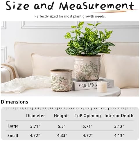 SURE YUESI Ceramic Plant Pots Set of 2, 4.7 & 5.7 Inch Vintage Indoor Planters with Drainage Hole, Farmhouse Ceramic Flower Pots for Indoor Plants, Rustic Cottage Decor for Home Kitchen Garden, Green - Image 3