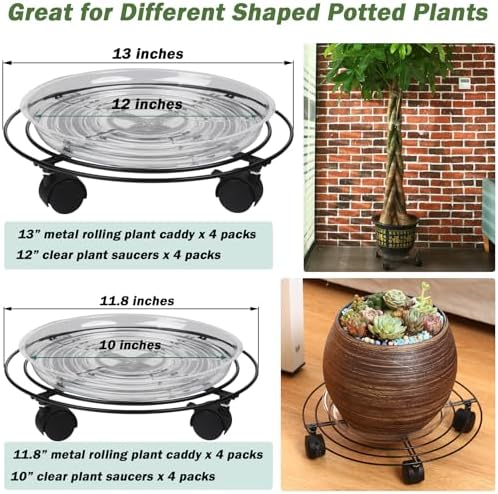 8 Packs Large Metal Plant Caddy with Wheels 13" and 11.8" Heavy-Duty Wrought Iron Rolling Plant Stands with Casters Plant Dolly Plant Roller Base Indoor and Outdoor Plant Pot Movers Planter Rollers - Image 2