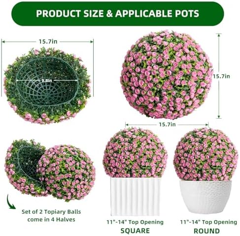 15.7 Inch Artificial Hanging Topiary Balls Set of 2, Faux Flower Balls for Garden Patio Wedding Valentine's Day Decor, Outdoor Indoor Hanging Decorations for Porch Front Door Party, Pink - Image 2