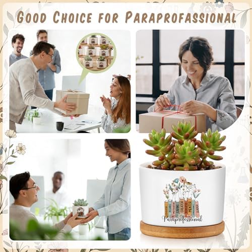 12 Pcs Paraprofessional Appreciation Gifts Succulent Planter Pots Ceramic Mini with Bamboo Trays Bulk for Teacher Assistant para Coworker Office Graduation Gifts, Plants Excluded - Image 4