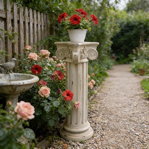 28.93" Roman Column Pedestal Plant Stand with Base, Greek Style Pillar Sculpture Magnesium Oxide Decorative Stand for Indoor Outdoor Garden Patio Wedding Party Display, Hand Painted Statue Holder by GDFStudio