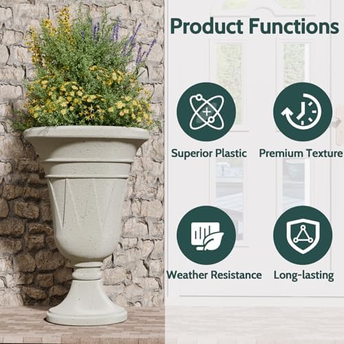 Tall Plastic Urn Planters and Pedestal - 24" Outdoor Planter Beige - Image 5