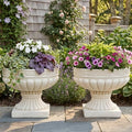 Christopher Knight Home Lina 15.94" H Classical Urn Planters Set of 2, MGO Outdoor Flower Pots, Weather-Resistant Outdoor Planters Set, Scroll & Fluted Pedestal Planter Pot, Antique White by ChristopherKnightHome