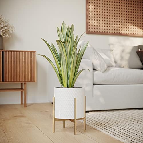 EverNest Claire Mid-Century Modern White Planter and Stand, Indoor Plant Pot, SelectBase, Minimalist Aesthetic, Home Decor for Plants - (Gold Base, Medium) - Image 5