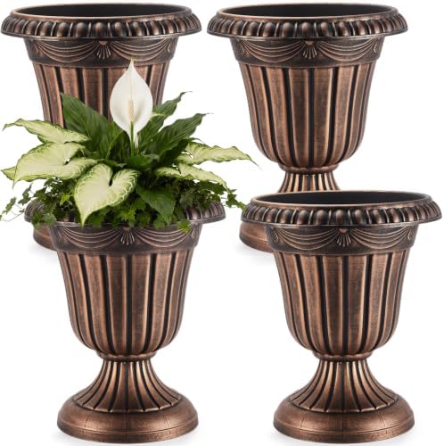 Zhehao 4 Pcs 16 x 18 Inches Brushed Copper Plastic Urn Planter Classic Flower Pots Front Porch Planters Indoor Outdoor Planters with Pedestal for Wedding Party Bridal Shower Garden Patio Porch by Zhehao