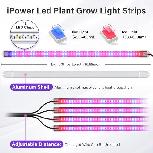 iPower 2Pack 60W LED Grow Lights with Full Spectrum Plant Growing Light Strips for Indoor Plant with Auto ON/Off 3/9/12H Timer, 10 Dimmable Levels 48 LEDs Per Tude, 4 Tubes, Red&Blue - Image 2
