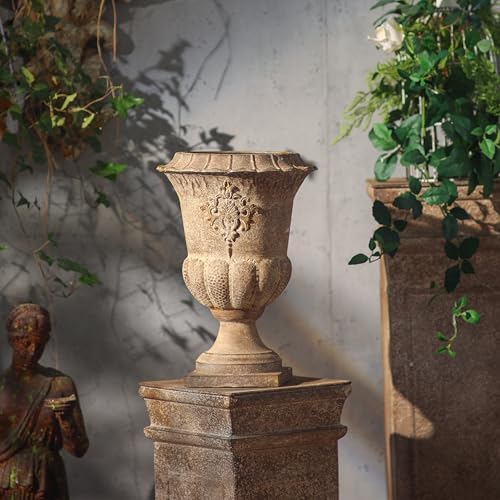 Vintage Urn Planter with Ornate Embossed Pattern, Distressed Iron Decorative Flower Pot, Classic Plant Pot for Indoor Outdoor Farmhouse Patio Entryway Mantel Decor (16.1" H x 11.2" W) (A3249) by Unknown