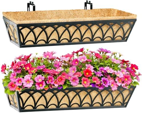 30 Inch Railing Planter Box Window Boxes Planters - 2 Pack Deck Railing Planter Boxes with Adjustable Brackets Coco Liners Balcony Planters Railing Hanging for Window Flower Boxes Outdoor Garden Decor by EINYEXW